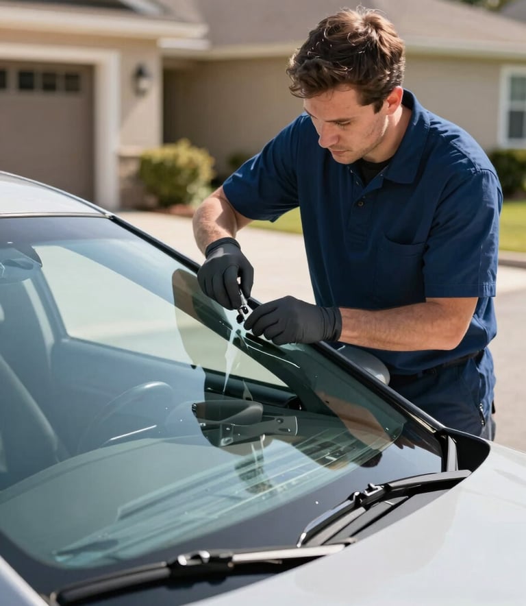 Professional photography of a technician in a clean uniform carefully working on a premium vehicle windshield in a bright North American driveway. The lighting is crisp and natural, highlighting the clarity of the glass and the sophisticated deep blue and muted grey tones of the equipment.