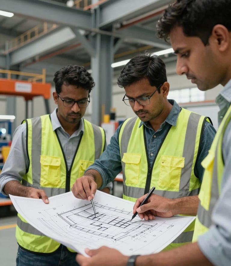 A close-up photograph of a South Asian engineering team reviewing structural fabrication blueprints in a modern facility, with massive steel grey beams and orange safety equipment in the background.