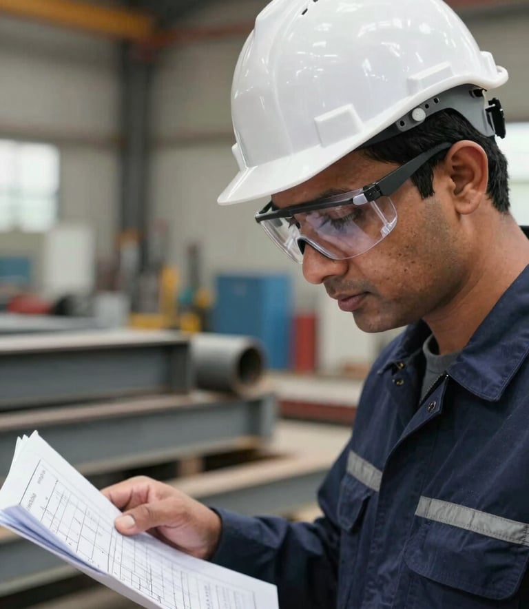 A close-up photograph of a South Asian professional engineer wearing a white hard hat and safety goggles, looking at technical drawings. In the background, a steel fabrication site is visible with soft bokeh. The lighting is bright and technical, highlighting the textures of steel grey equipment and dark blue uniforms.
