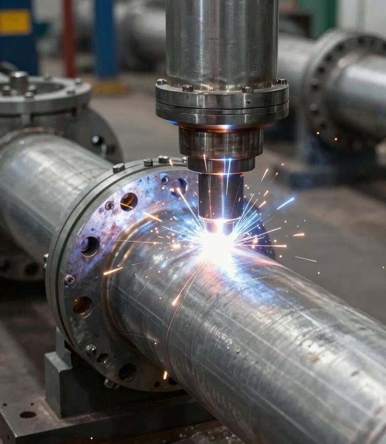 A detailed industrial photograph of precision welding on a steel pipeline in an Indian factory, focusing on technical precision and the metallic texture of steel grey materials.