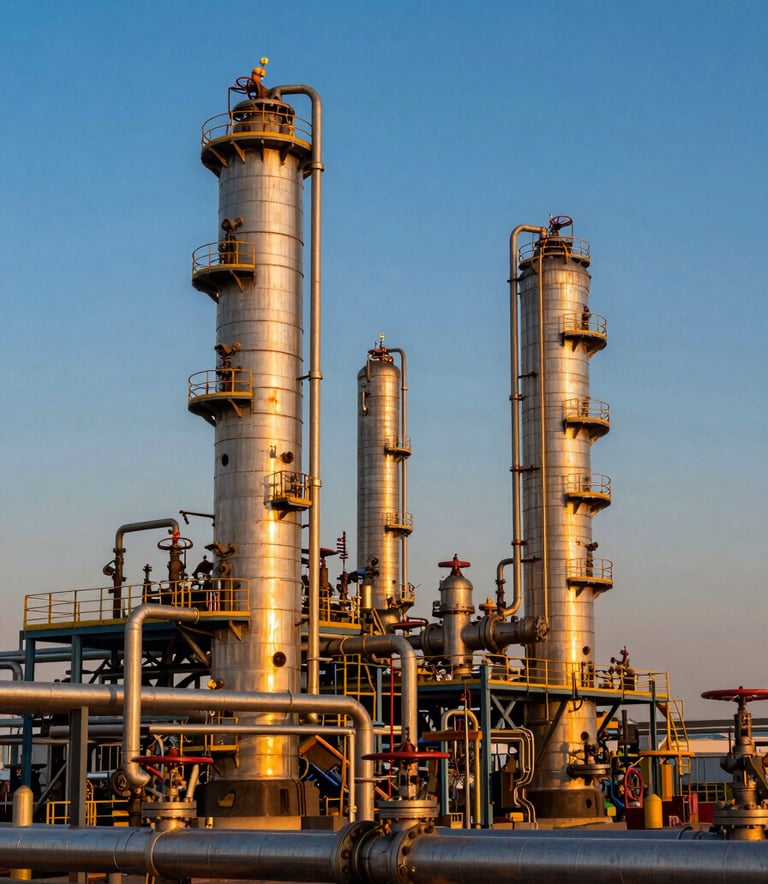 A wide-angle landscape photograph of an industrial oil refinery in India during the golden hour. A complex network of steel pipes and high-pressure valves dominate the scene, with the vibrant orange sunset reflecting off the metallic surfaces against a deep blue sky.