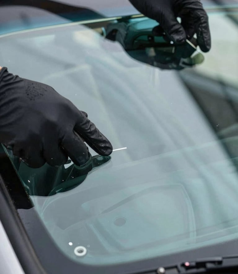 Close-up of a high-quality, clear automotive windshield glass being installed by gloved hands. Focus on the precision and the clean, light blue reflections on the glass. North American setting.