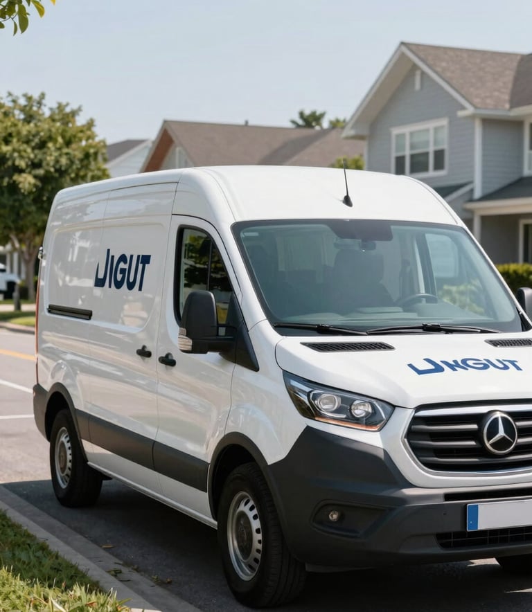 A sleek, professional white service van with subtle dark blue branding parked in a clean suburban North American street. The scene is bright and conveys efficiency.