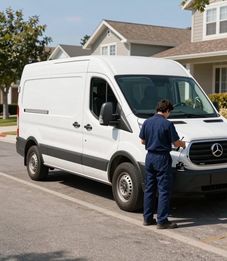 A clean, professional mobile service van parked on a sunny North American suburban street. A technician in a neat dark blue uniform is efficiently preparing tools. The composition is wide, showing the convenience of the service at a residential home, reflecting reliability and professionalism.