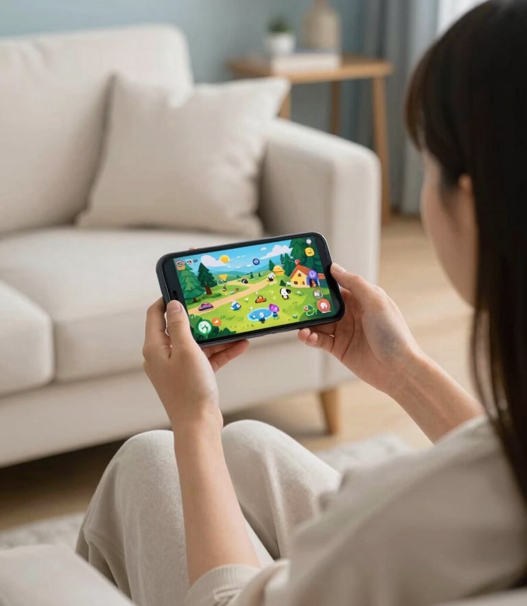 A person sitting on a plush sofa in a cozy North American living room, holding a mobile phone. The screen displays a colorful and peaceful puzzle game. The room is decorated in soft off-white and light blue-grey tones.
