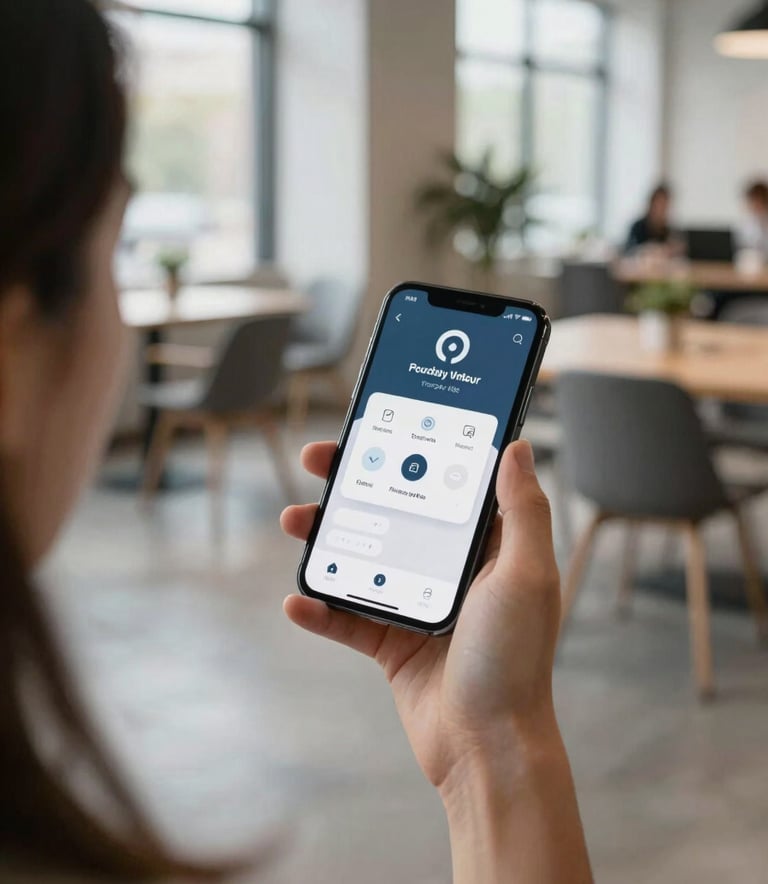 An over-the-shoulder shot of a person using a sleek productivity app on a smartphone in a bright, modern North American co-working space with large windows and minimalist furniture. The lighting is soft and professional.