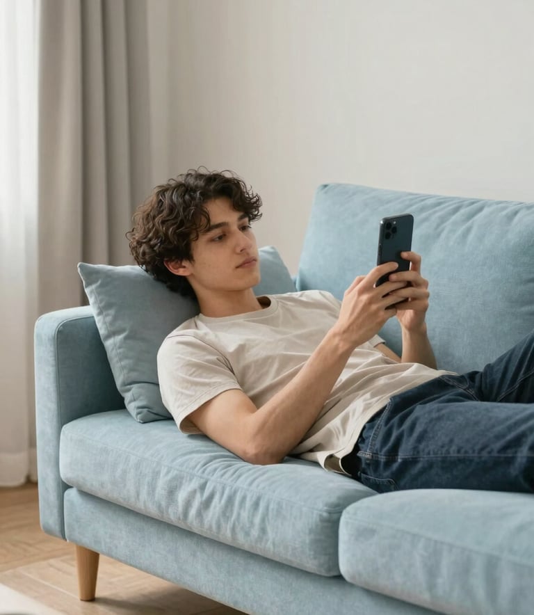 A peaceful scene of a person in a comfortable North American living room, leaning back on a light blue sofa while interacting with a mobile device. The lighting is soft and natural, emphasizing a modern and tranquil environment with off-white decor.