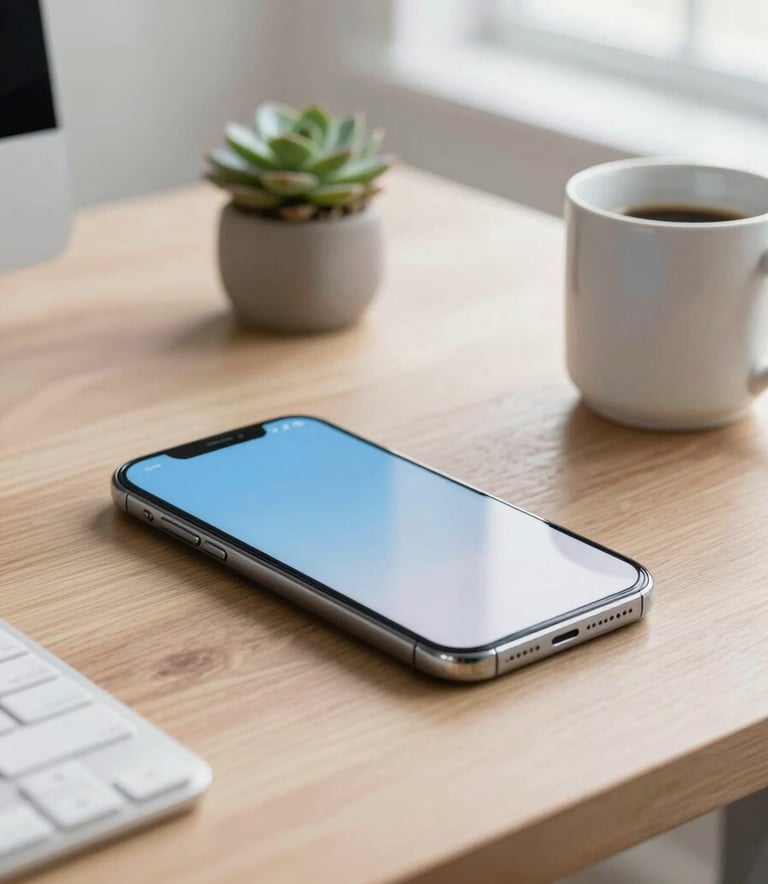 A high-quality lifestyle photograph of a sleek smartphone on a wooden desk in a bright, modern North American home office. The screen shows a glimpse of a clean interface. Surrounding the phone are a small succulent and a ceramic mug, with soft light blue and off-white tones creating a serene atmosphere.