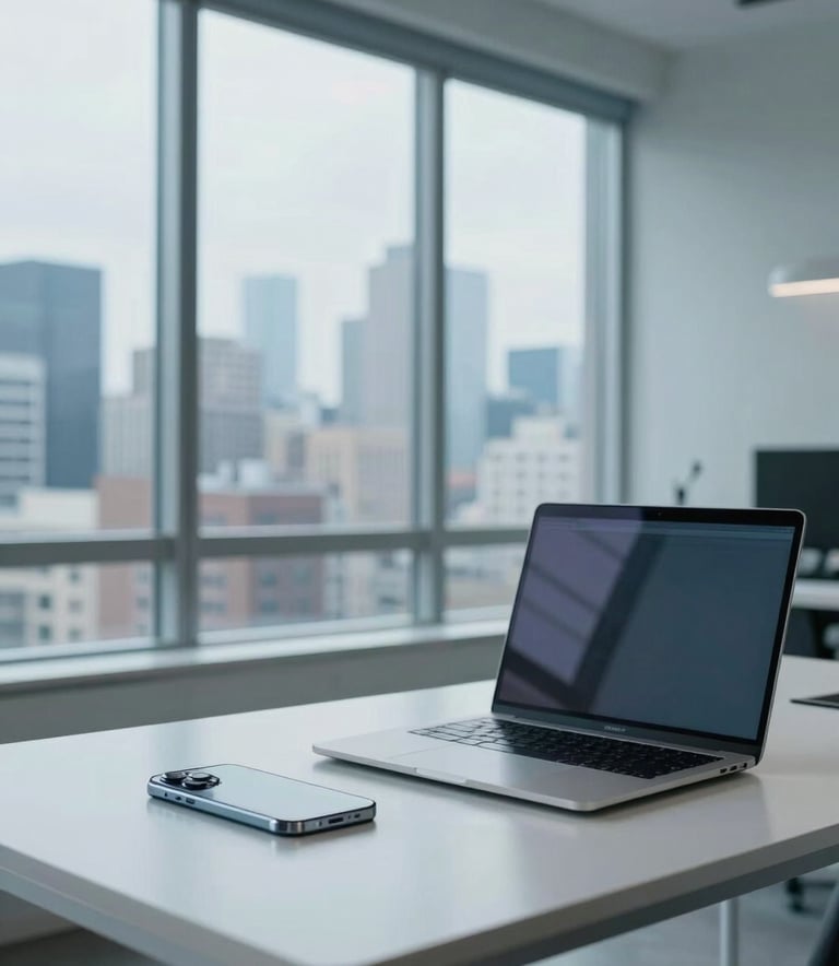 A wide photography shot of a modern home office in a North American apartment. Large windows reveal a subtle city skyline. A clean white desk holds a high-end smartphone and a minimalist laptop, reflecting a professional yet inviting workspace. Soft blue and light grey tones dominate the palette.