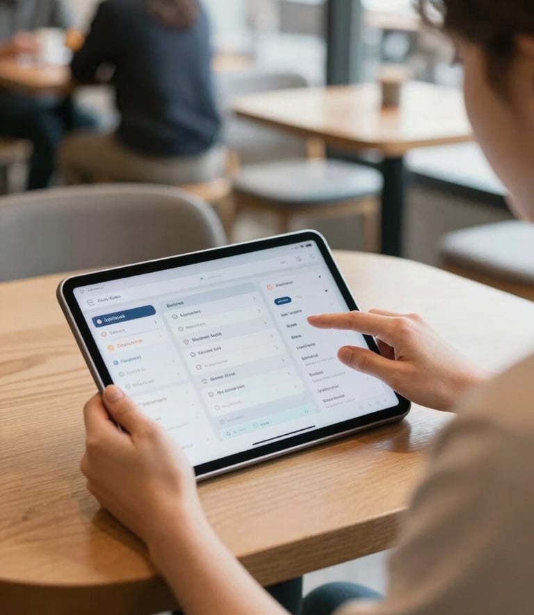 A person sitting comfortably in a modern North American cafe, interacting with a tablet that displays an intuitive mobile dashboard. The scene is bright and airy, with a shallow depth of field focusing on the device.