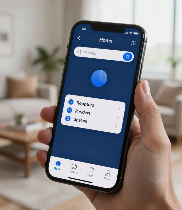 A close-up shot of a modern smartphone displaying a sleek mobile game interface with deep blue and ghost white accents. The device is held in a hand in a bright, contemporary North American living room with soft, natural lighting.