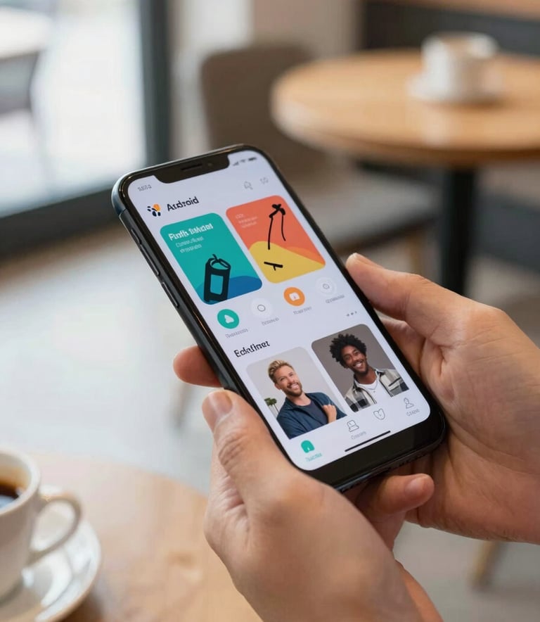 A close-up photograph of hands holding a sleek Android smartphone in a bright, modern North American coffee shop. The screen displays a colorful, professional mobile application. Soft natural morning light illuminates the scene with a shallow depth of field, showing a blurred wooden table in the background.