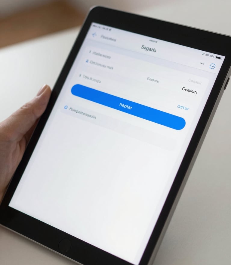 A close-up shot of a modern tablet displaying a clear, professional medical application with simplified data visualizations. The setting is a bright North American / US home environment, representing accessible health technology. Soft daylight, clean lines, professional style.