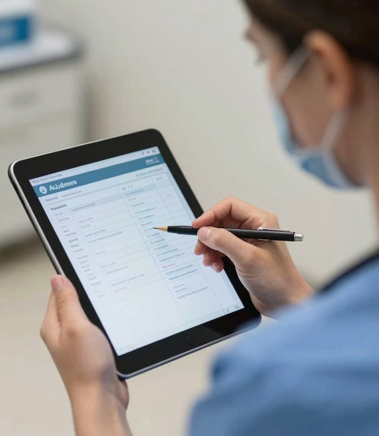 A close-up photograph of a medical professional in a modern North American clinic, showing a digital tablet with clear medical data to an attentive listener. The lighting is soft and professional, with a color palette featuring medium blue and off-white tones.