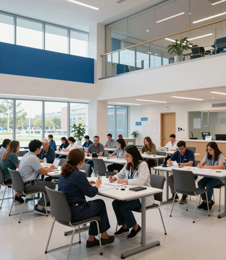 A wide-angle professional photograph of a bright, contemporary North American medical education center. A diverse group of adults is engaged in a workshop, with clear blue and white design elements in the background.