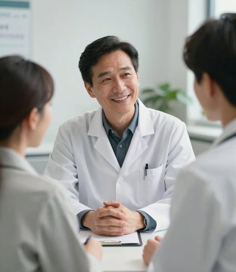 A professional North American / US medical educator in a white coat speaking warmly to a listener in a bright, modern clinic. The lighting is soft and trustworthy, highlighting the collaborative nature of diabetes education. Clean composition, professional photography style.