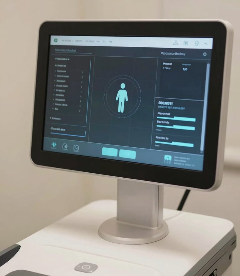 A focused close-up of a Resonance body scanner interface showing clean, sophisticated digital health data. The lighting is soft and professional, incorporating a palette of #0B2D2F and #C8B18A tones to convey cutting-edge trust.