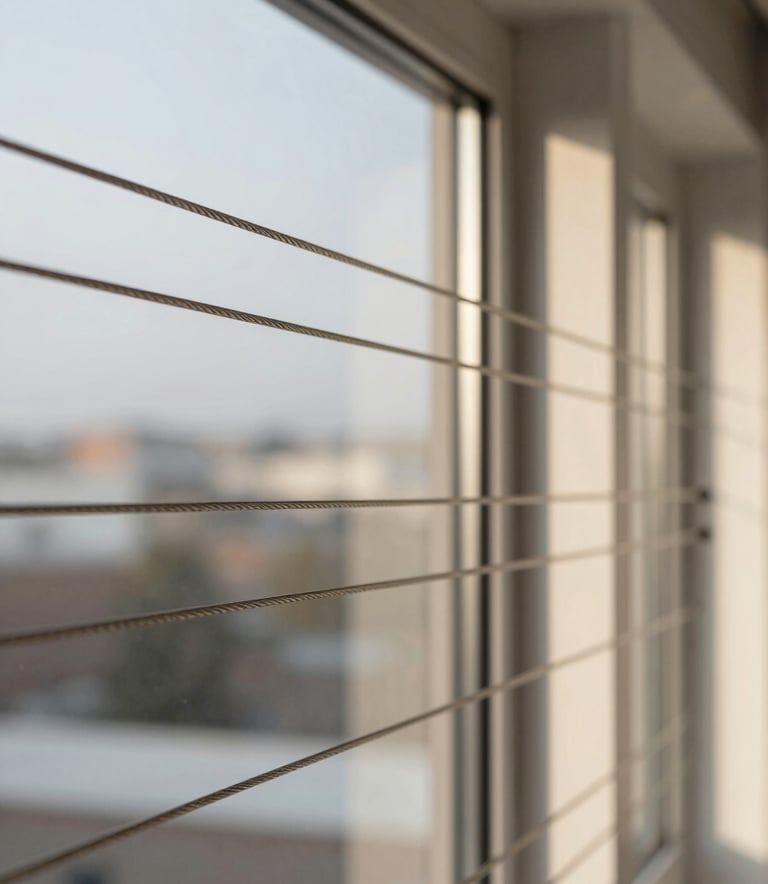 A close-up, high-detail shot of a newly installed invisible grill on a large window. The stainless steel cables are perfectly taut and reflect the soft afternoon sunlight. The design is sleek and modern, emphasizing security and professionalism. Subtle hints of #79A78B are visible in the interior decor through the window.
