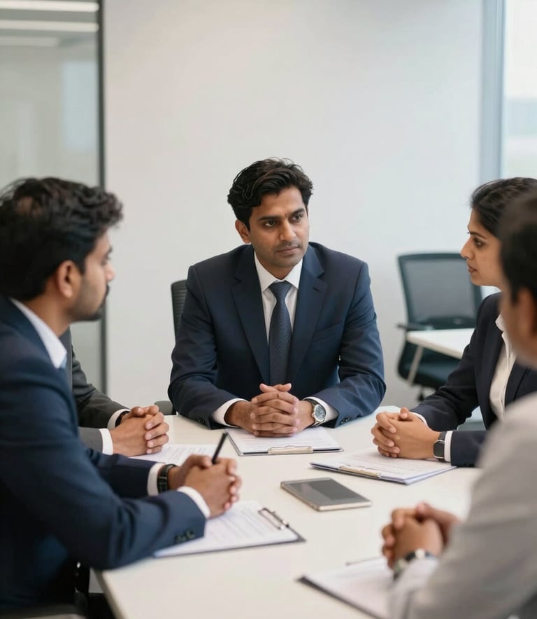 A focused professional meeting in a modern South Asian / Indian office setting. A group of advocates are engaged in a serious discussion about community betterment. The lighting is bright and clean, with a palette of dark navy blue and soft off-white reflecting a mood of trust and proactive engagement.