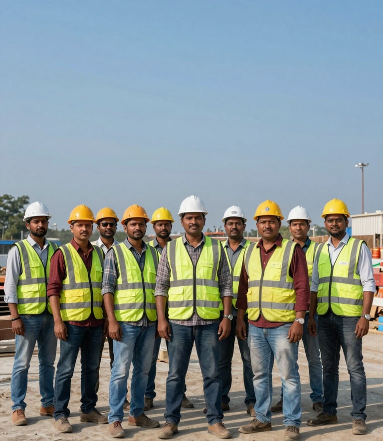 A wide-angle photography shot of a group of workers at a modern South Asian / Indian infrastructure site. They are wearing professional safety equipment, standing together in a way that suggests solidarity and strength. The sky is a clear steel blue, emphasizing a professional and hopeful atmosphere.