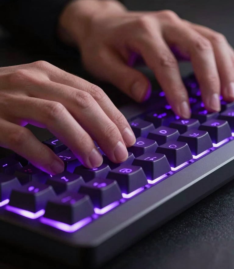 Macro shot of hands typing on a mechanical keyboard with glowing neon purple keycaps, professional studio lighting, North American tech office vibe.