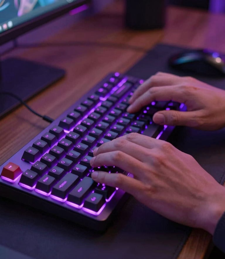 A close-up photograph of a professional developer's hands typing on a high-end mechanical keyboard with vibrant neon purple backlighting in a modern, dimly lit North American home office. The focus is sharp on the keys, with a shallow depth of field showing a soft glow from a nearby monitor.