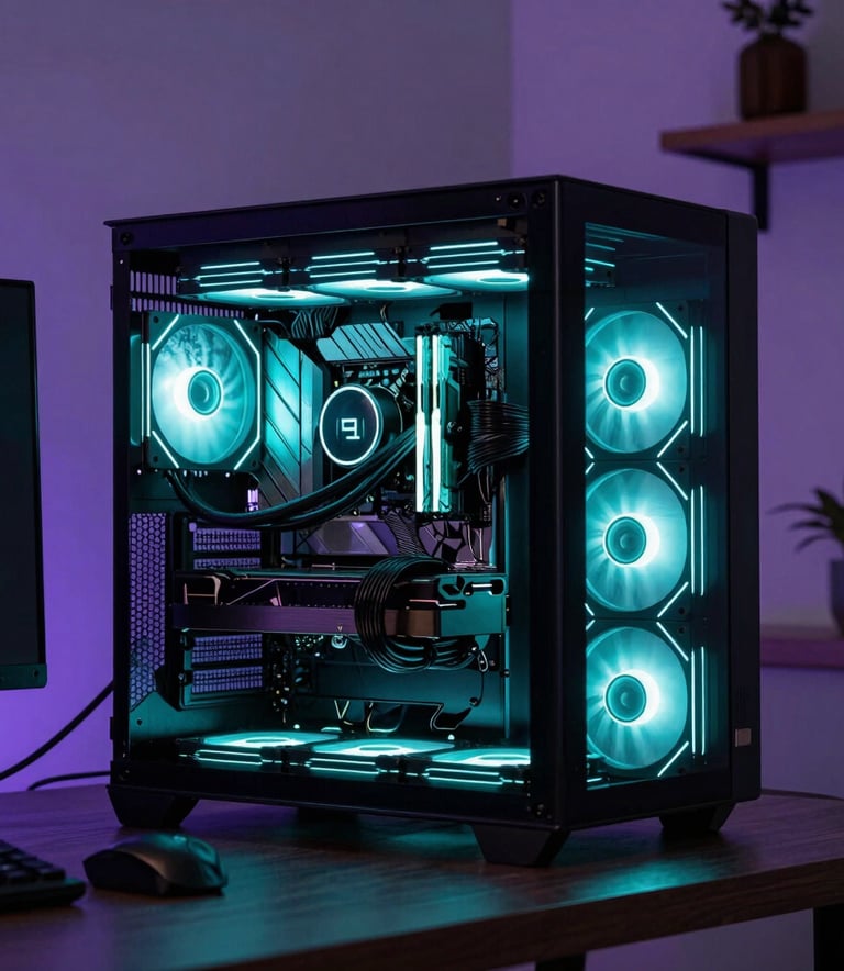 A high-end desktop computer with glowing neon cyan internal cooling and hardware, sitting on a dark desk in a North American home office with subtle purple ambient lighting.