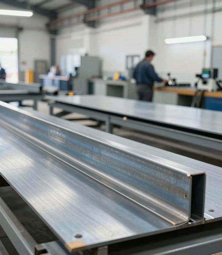 A professional and clean fabrication workshop in Pereira, Colombia. In the background, there are steel sheets and welding equipment. The lighting is bright and industrial, showcasing a modern and serious work environment with a palette of steel blue and clean white.