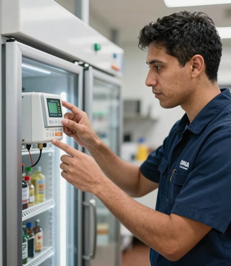 A professional South American technician wearing a navy blue uniform, focused on inspecting the digital thermostat of a commercial refrigerator in a bright, industrial kitchen setting.