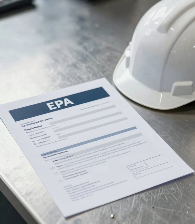 A close-up, high-angle shot of professional safety documentation and an EPA license on a clean, brushed-metal industrial desk, with a white safety helmet nearby. The lighting is crisp and professional, using a corporate palette of #1C2E3C and #F0F4F8.