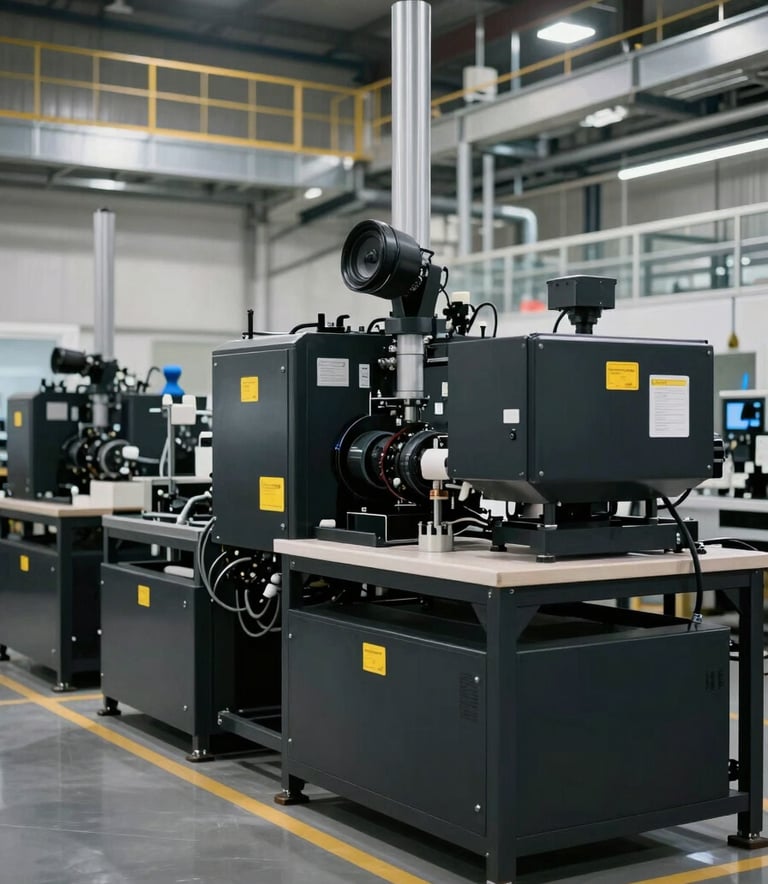 A wide shot of a clean, high-tech industrial packaging facility with black machinery and yellow safety markings, Iberian / Latin American factory floor, sharp focus, efficient mood.
