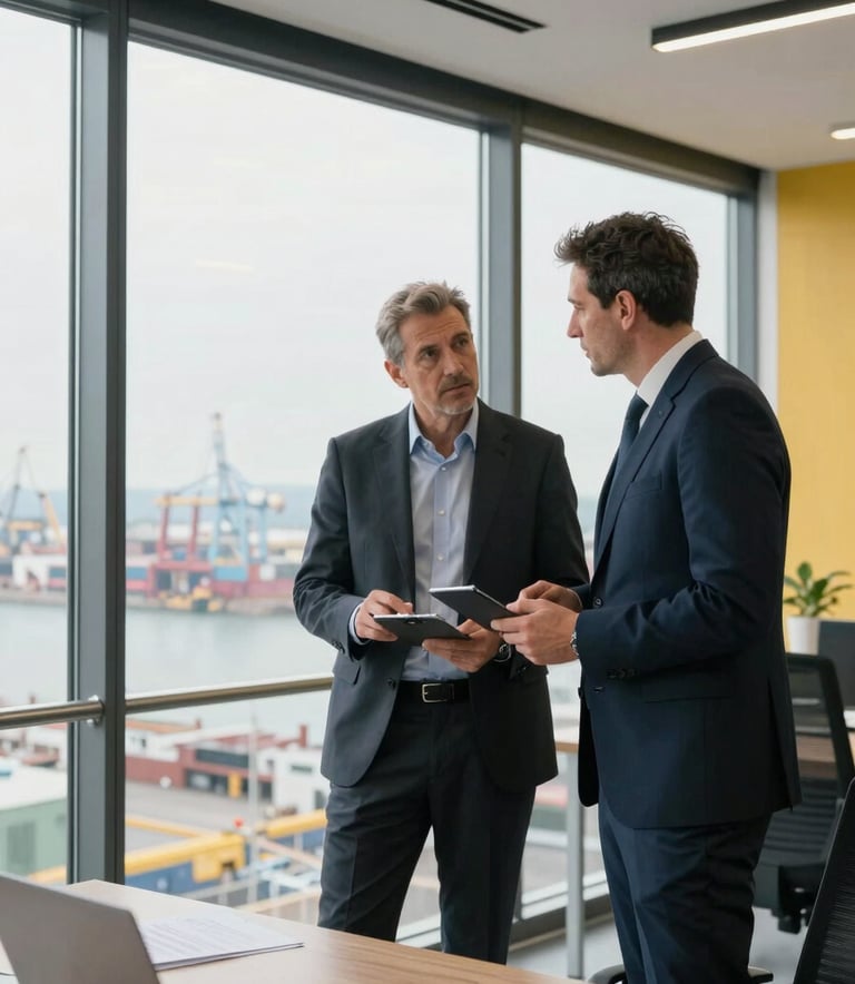 A professional corporate setting in a modern Iberian office. Two logistical experts in business attire are discussing strategy near a large window overlooking an industrial port. The lighting is clean and bright, emphasizing a modern and robust atmosphere with subtle yellow and black accents in the decor.