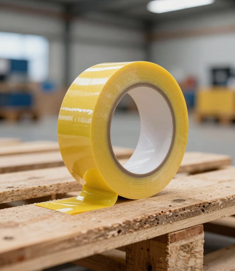 Close-up of industrial-grade yellow adhesive tape being applied to a heavy wooden pallet in a bright, modern warehouse in the Iberian / Latin American region, professional lighting, clean composition.