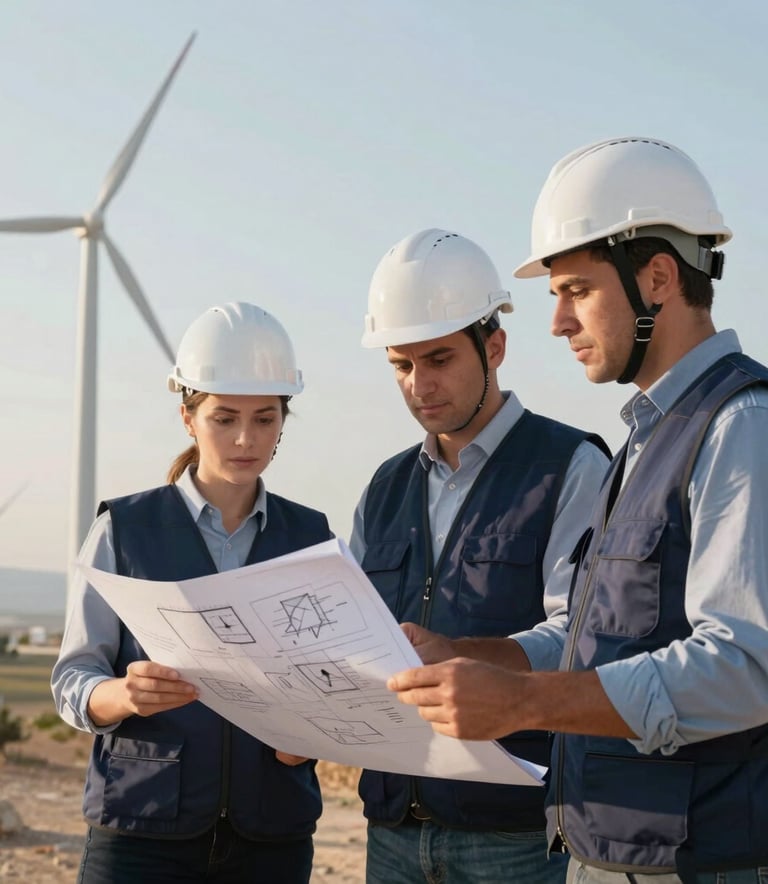Professional engineering team wearing white safety helmets and dark blue vests, standing in front of a modern wind turbine site in a Turkish landscape. They are reviewing technical plans, looking confident and professional in soft morning light.