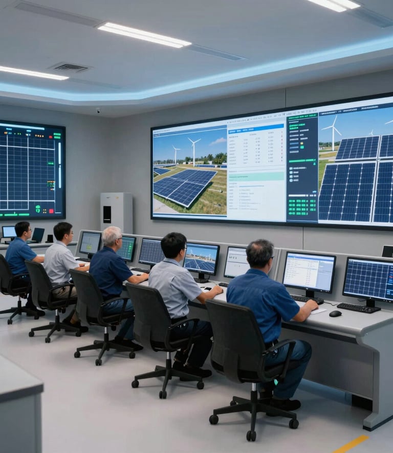 A high-tech control room in an energy facility in Turkey, where engineers are monitoring solar and wind energy output on large displays. The lighting is modern with soft blue accents, emphasizing efficiency and innovation.
