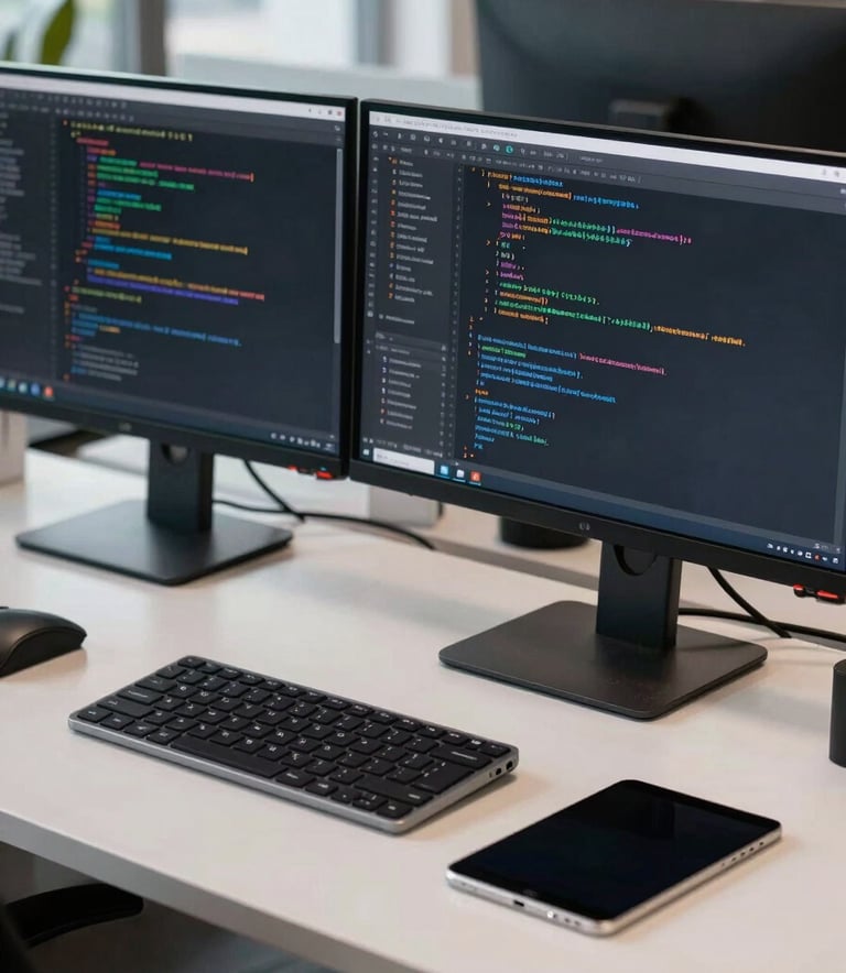 A professional developer's workspace in a North American / US tech hub. Two high-resolution monitors displaying clean, sophisticated code lines. A minimalist desk with a metallic tablet on the side under soft, natural lighting, conveying a sense of reliability and precision.