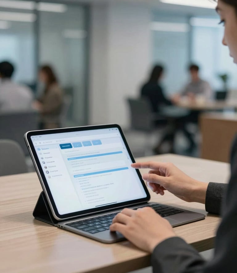 A business professional in a modern North American / US corporate lounge using a sleek iPad Pro with a keyboard, demonstrating a polished enterprise application with soft blue lighting.