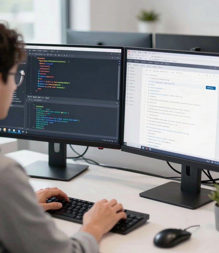 A professional developer in a high-tech North American / US workspace, focused on a dual-monitor setup showing app source code and interface wireframes. Bright, clean, modern aesthetic.