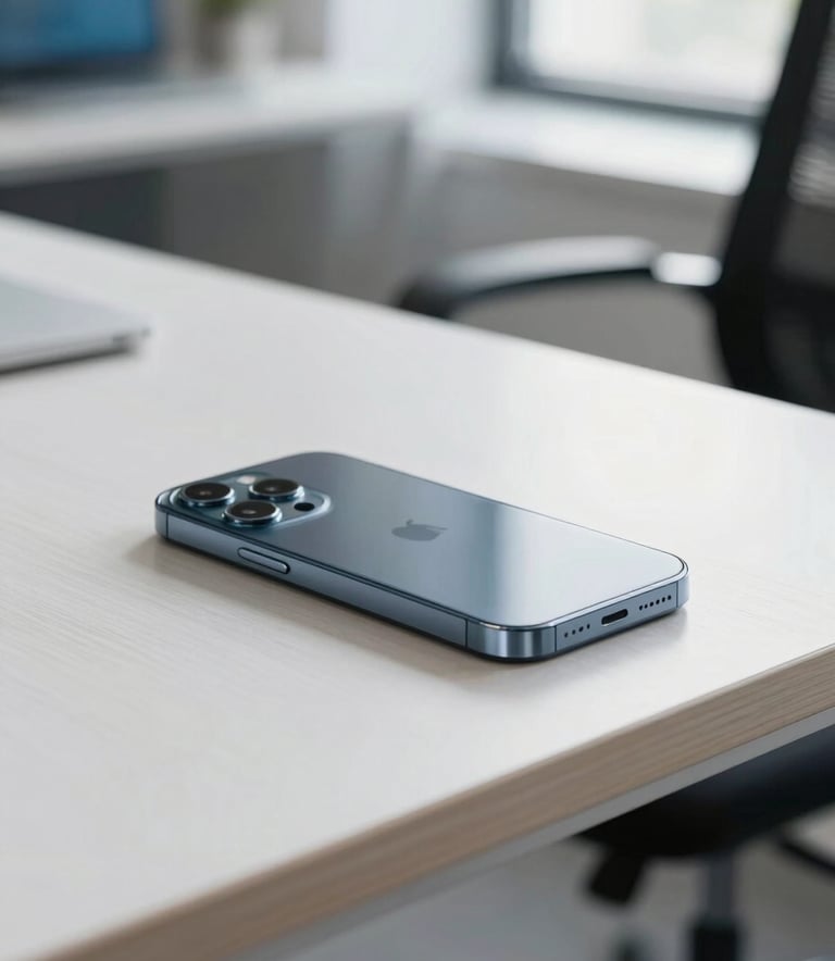 Photography of a sleek, modern smartphone resting on a minimalist white oak desk in a bright, modern North American / US office environment. Natural light creates a clean, performance-driven atmosphere with soft blue accents in the background.