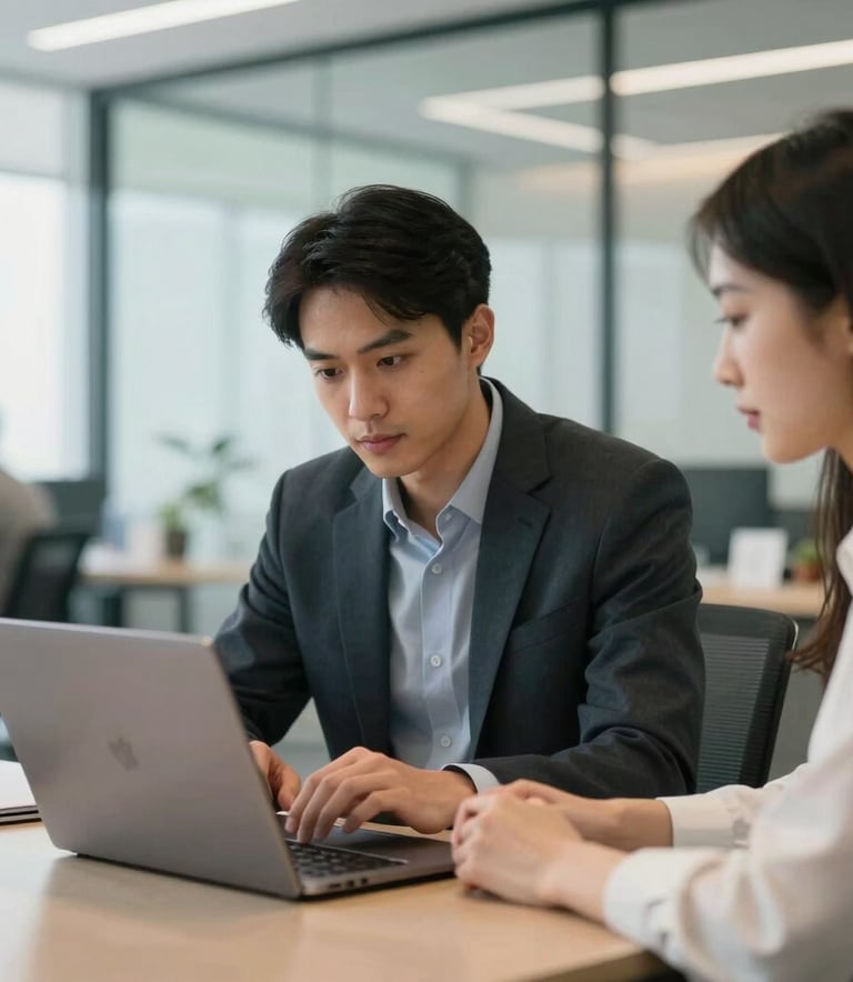 A focused professional in a modern North American office environment using a sleek laptop. The scene captures a sense of innovation and partnership, with a soft-focus background of glass partitions and bright, natural interior lighting.