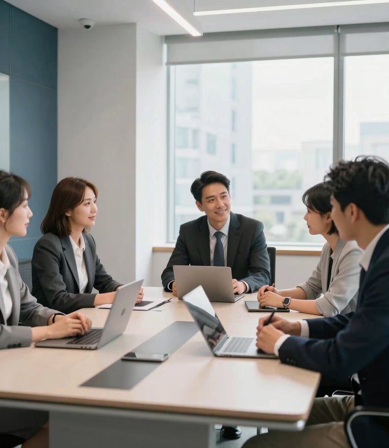 A professional North American office setting where a team is collaborating at a modern conference table. The room is filled with bright natural light, featuring clean lines and subtle navy accents in the decor. High-end business photography style.