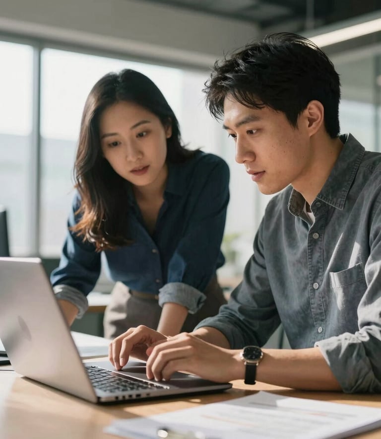 Two technology professionals in a modern North American workspace discussing a project over a laptop, natural morning light, wearing professional business casual attire.