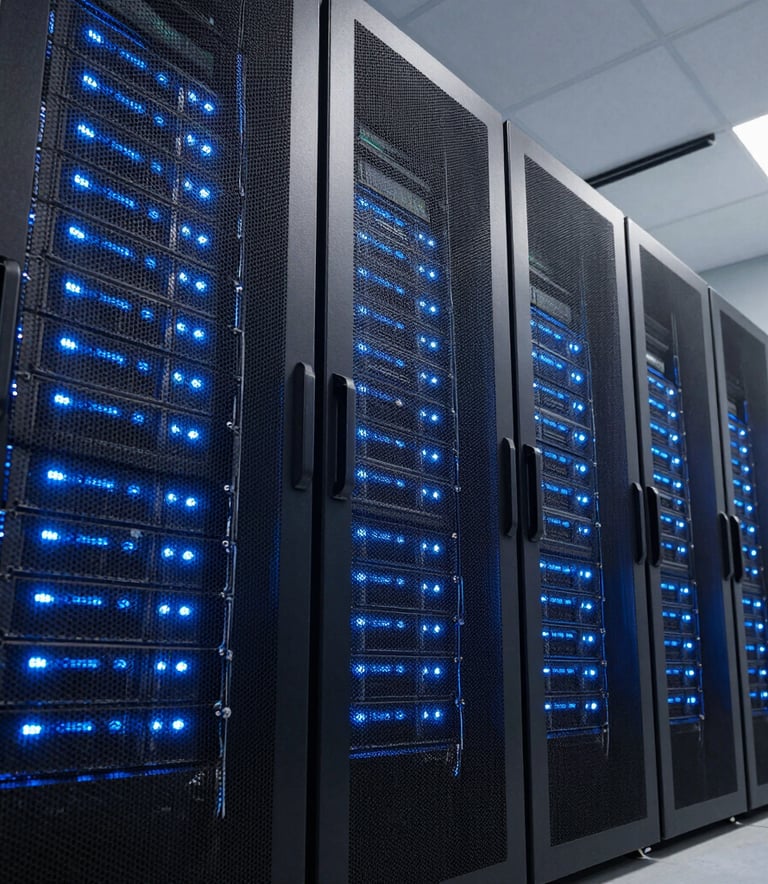 A sophisticated North American data center with rows of high-end servers glowing with soft sky blue LED lights, low angle shot, professional and clean architectural photography.