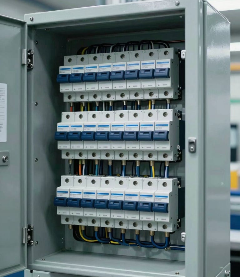 A professional commercial electrical breaker panel in a clean, modern North American / US industrial facility, showing neatly organized wiring in Steel Blue and Medium Navy tones, professional lighting.