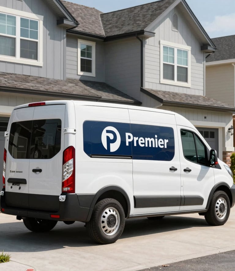 A professional Premier Electric service van with a classic navy blue logo, parked in front of a modern North American / US suburban home during the day. The scene is bright and highlights reliability.