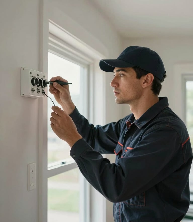 An electrician wearing a Dark Navy uniform working on a residential light fixture in a modern North American / US home, soft daylight coming through a window, clean and professional atmosphere.