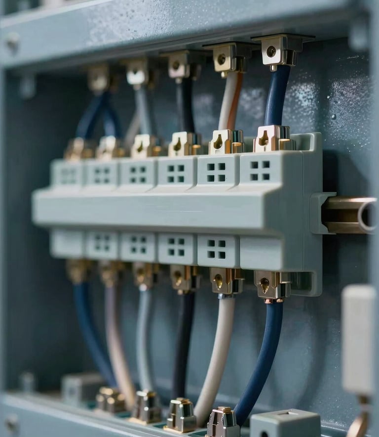 Detailed close-up of high-quality electrical wiring and modern components in a North American / US commercial building, emphasizing precision and safety in slate blue and metallic tones.