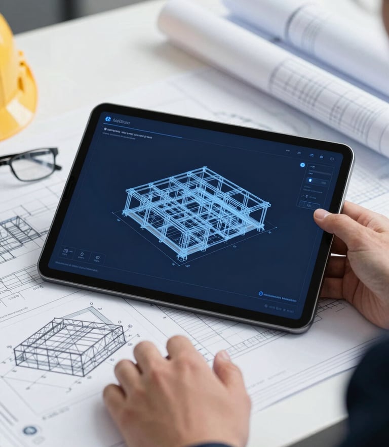 A professional engineering workspace with high-end blueprints and a tablet showing a 3D structural model. The lighting is crisp and corporate. Palette includes #0B1C2E and #7D9DB2 accents. Professional, dependable atmosphere.