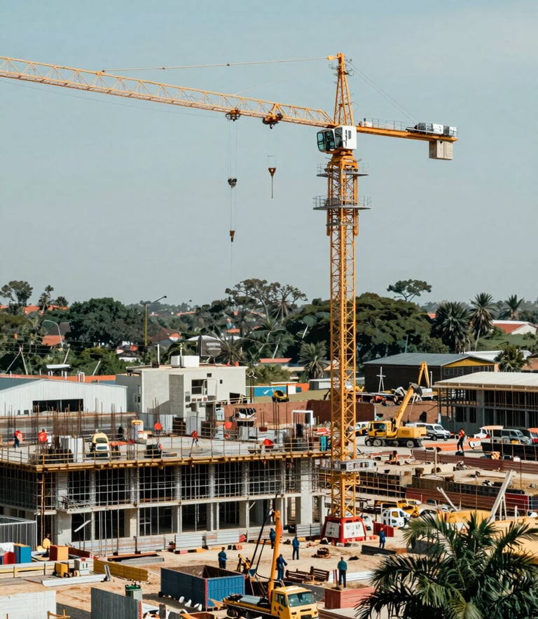 A wide-angle shot of a large-scale construction site in Colombia with cranes and foundation work in progress. The lighting is bright and clear, emphasizing operational capacity. Tones of #0B1C2E and #345D7E are present in the machinery and safety gear.