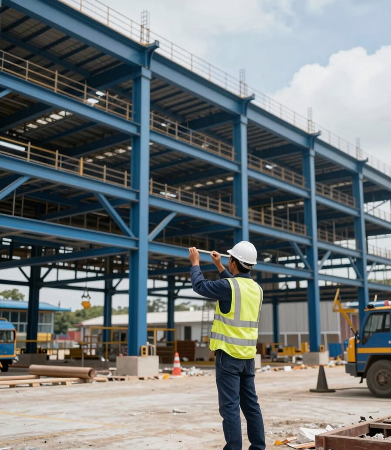 Wide-angle shot of a large-scale industrial construction site in Colombia. A civil engineer in professional gear inspects a massive steel structure. High-contrast, clean lighting, featuring brand colors #0B1C2E and #345D7E.